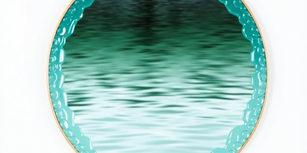Circular blue and green pond wall mirror.