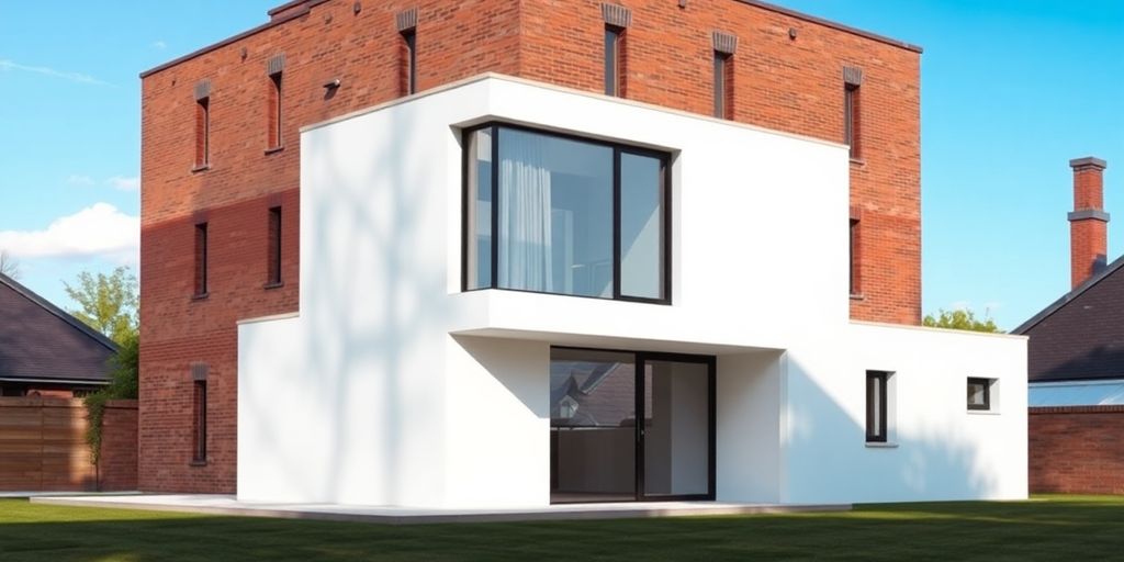 Modern prefab home with PU panels beside classic brick structure.