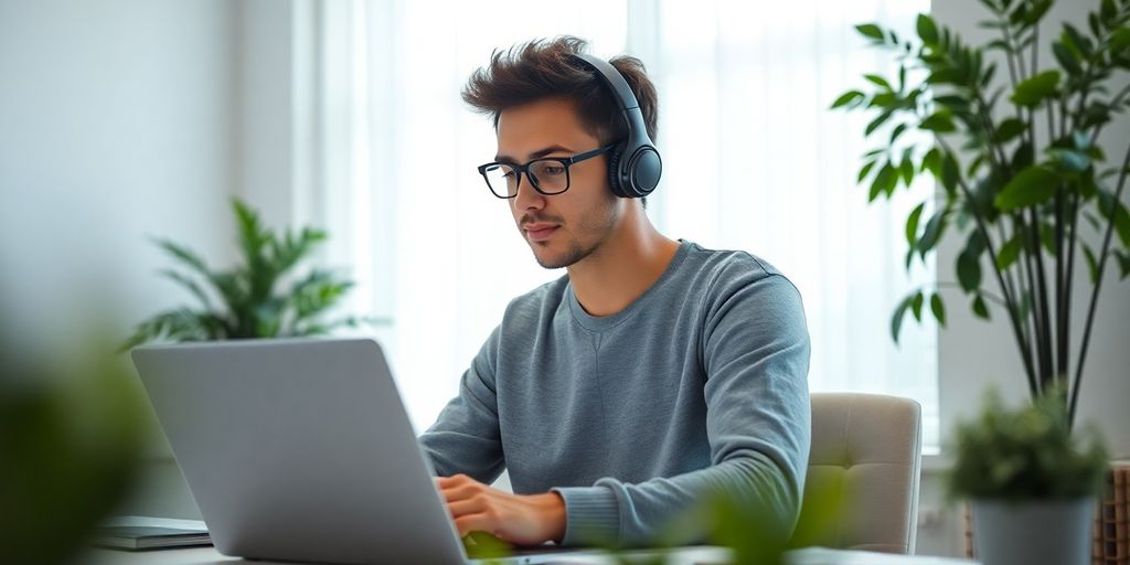 Calm person working in a peaceful office setting.