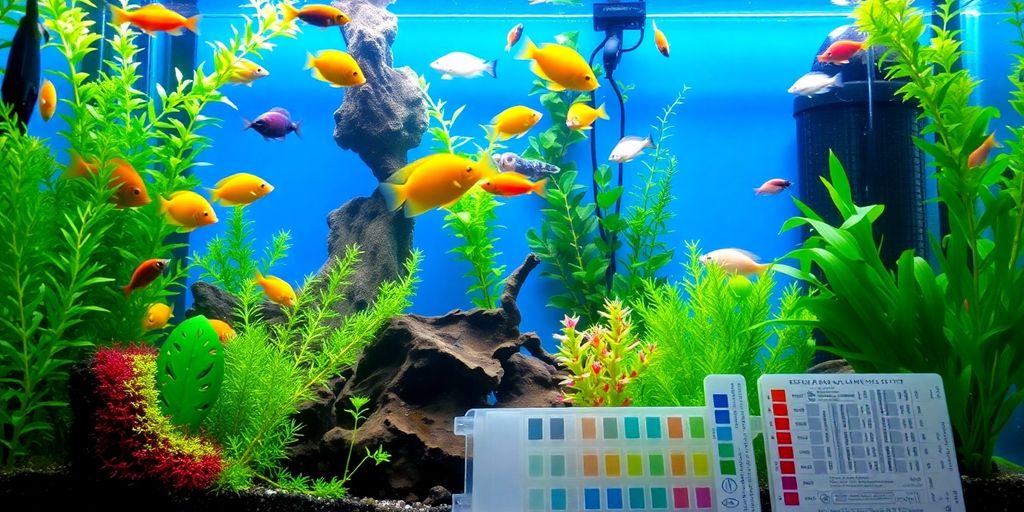 Freshwater aquarium with colorful fish and aquatic plants.