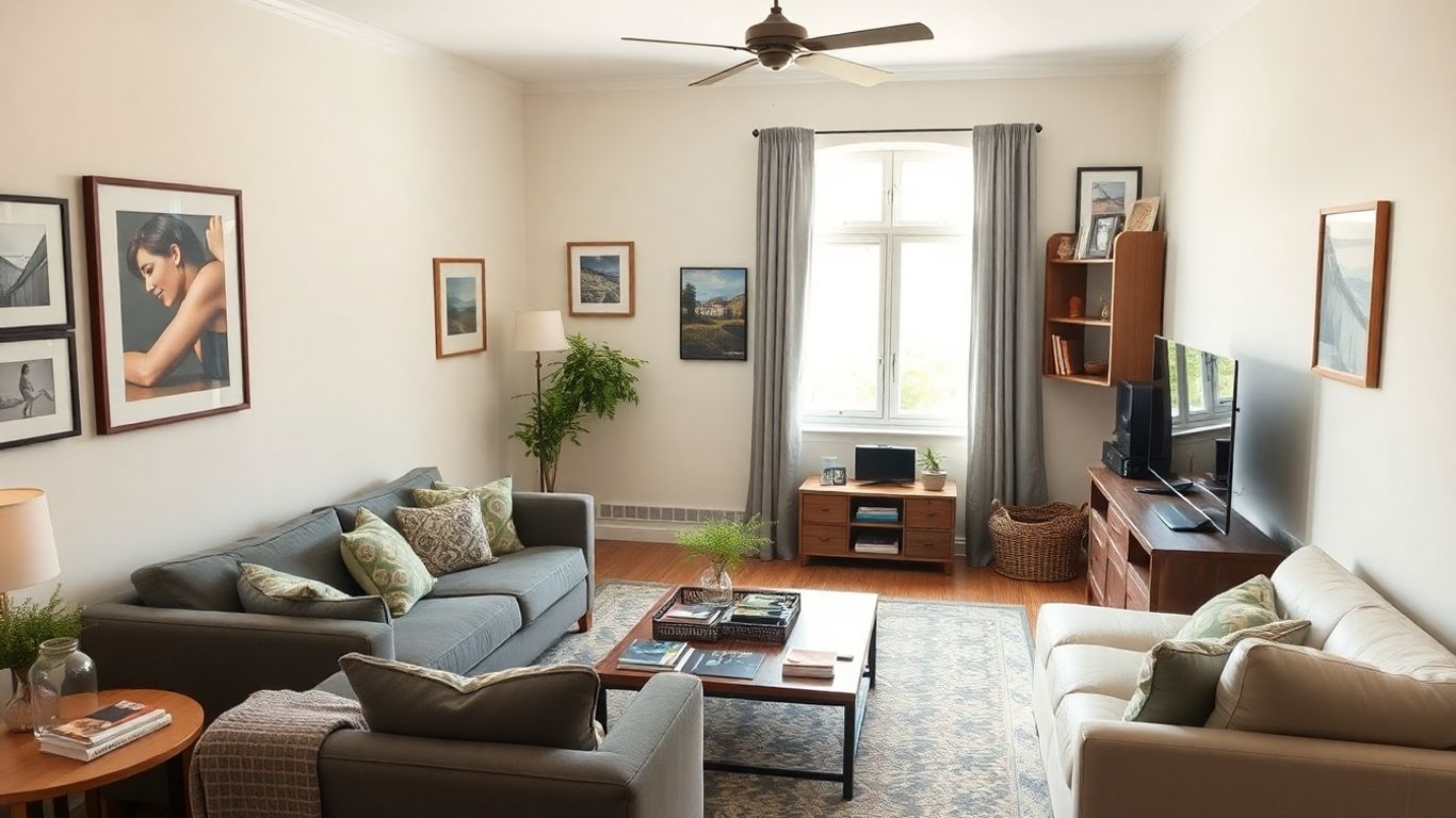 Sala de estar moderna con muebles, arte y objetos valiosos