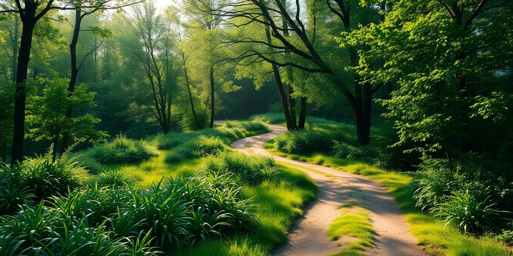 A peaceful path in a green landscape inviting reflection.