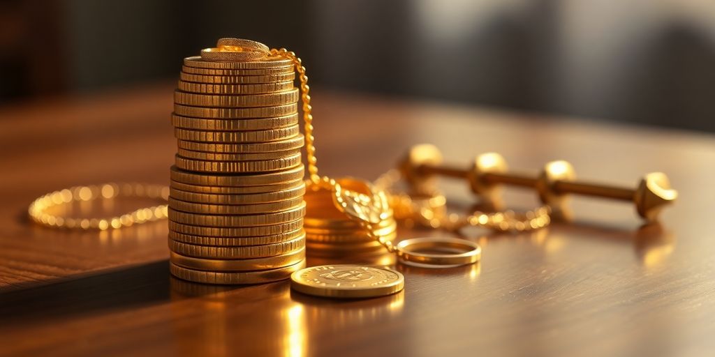 Piles de pièces d'or et bijoux sur une table