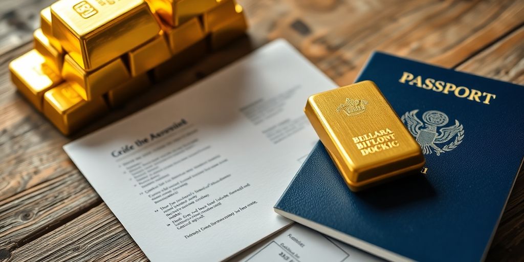 Lingots d'or empilés, passeport et documents sur une table en bois.