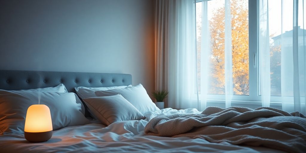 A cozy bedroom with soft lighting and autumn view.