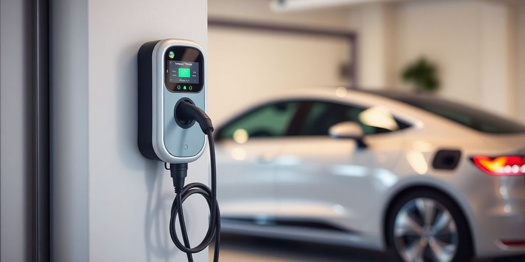 Home EV charger installed on garage wall.