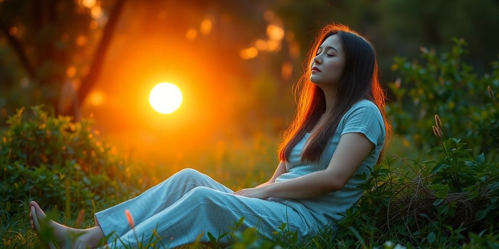 Calm person meditating outdoors at sunset.