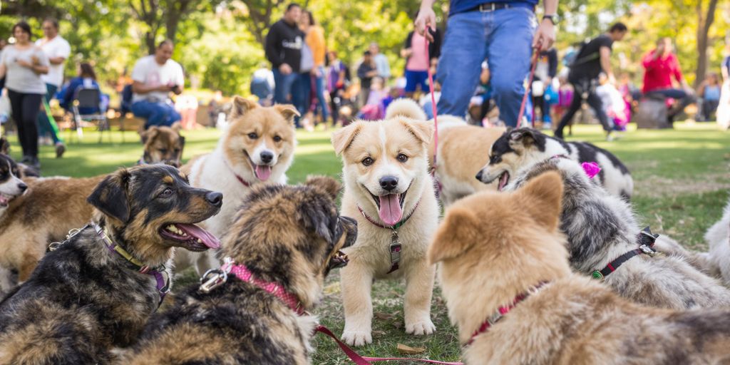 A puppy playing with other dogs in a park.