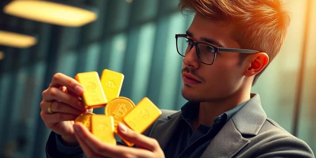 Un jeune investisseur et des pièces d'or.