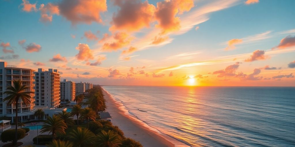 Luxury condos in Boca Raton with sunset and palm trees.