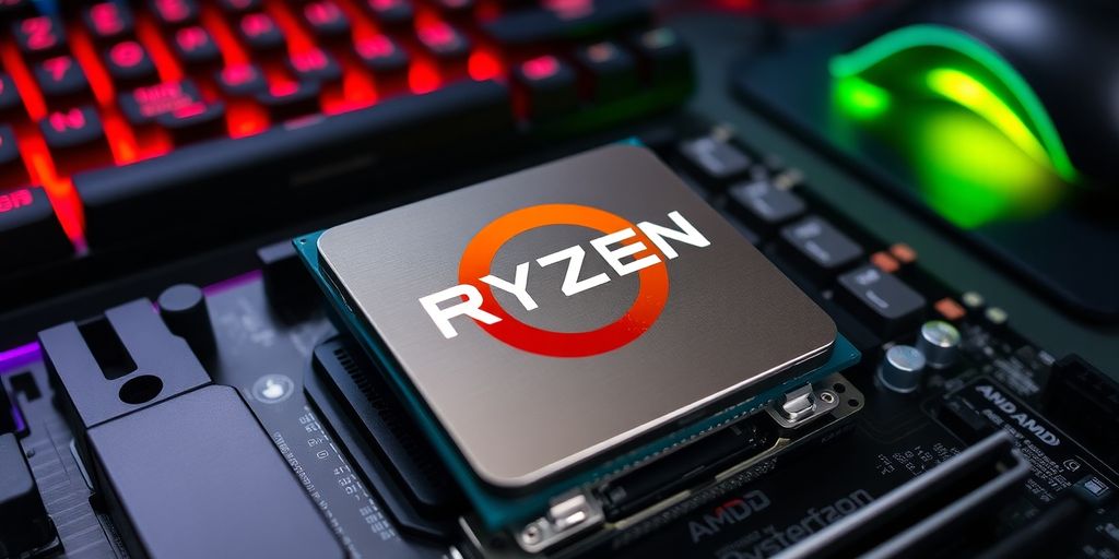 Close-up of an AMD Ryzen 5 processor on a motherboard.