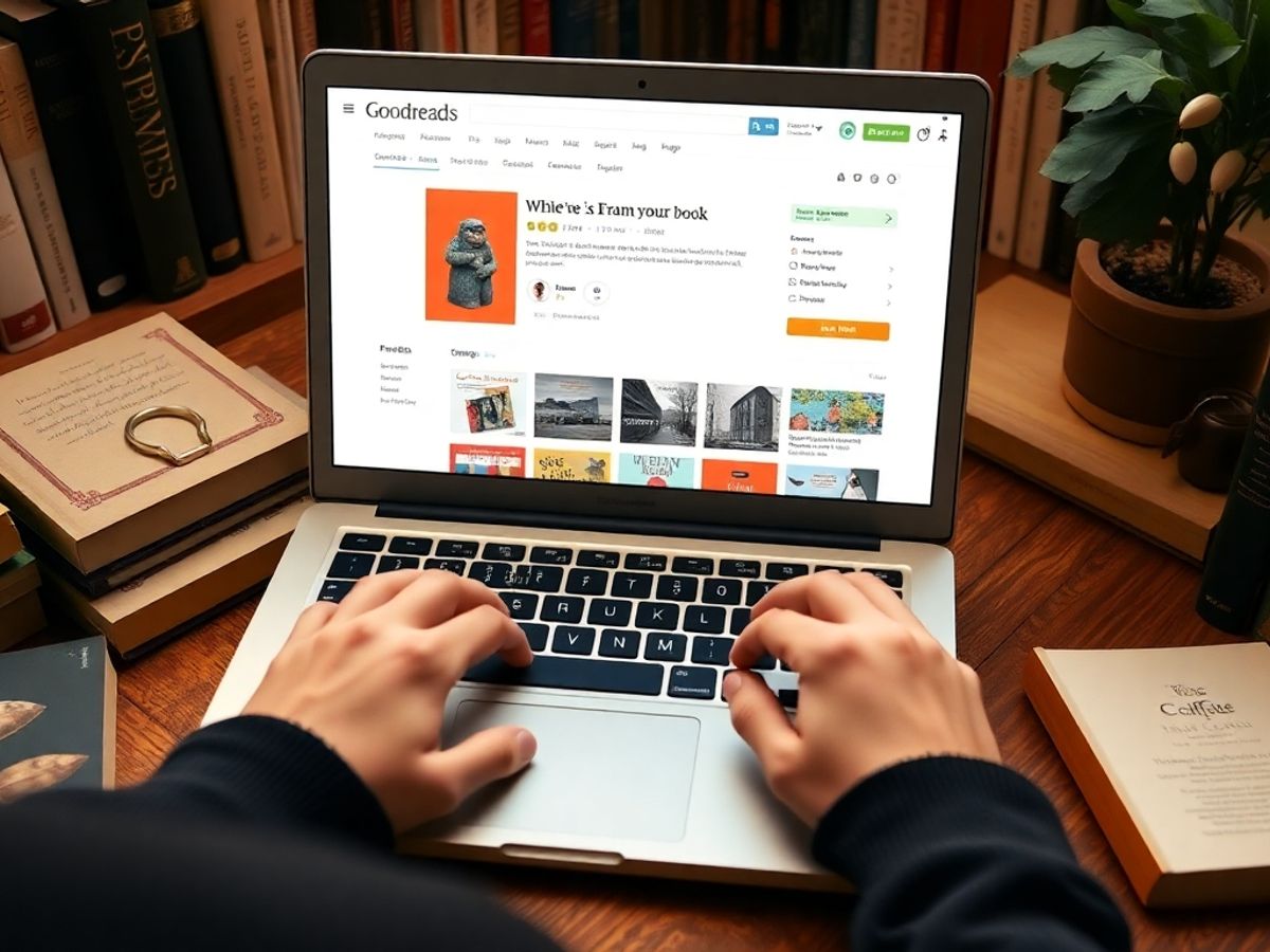 Person logging into Goodreads on a laptop surrounded by books.
