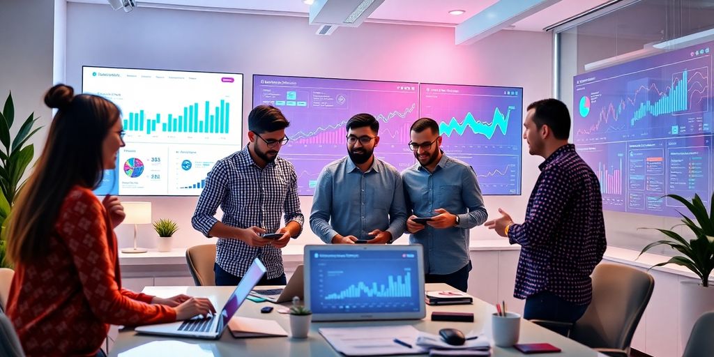 Profissionais de marketing digital colaborando em ambiente moderno.