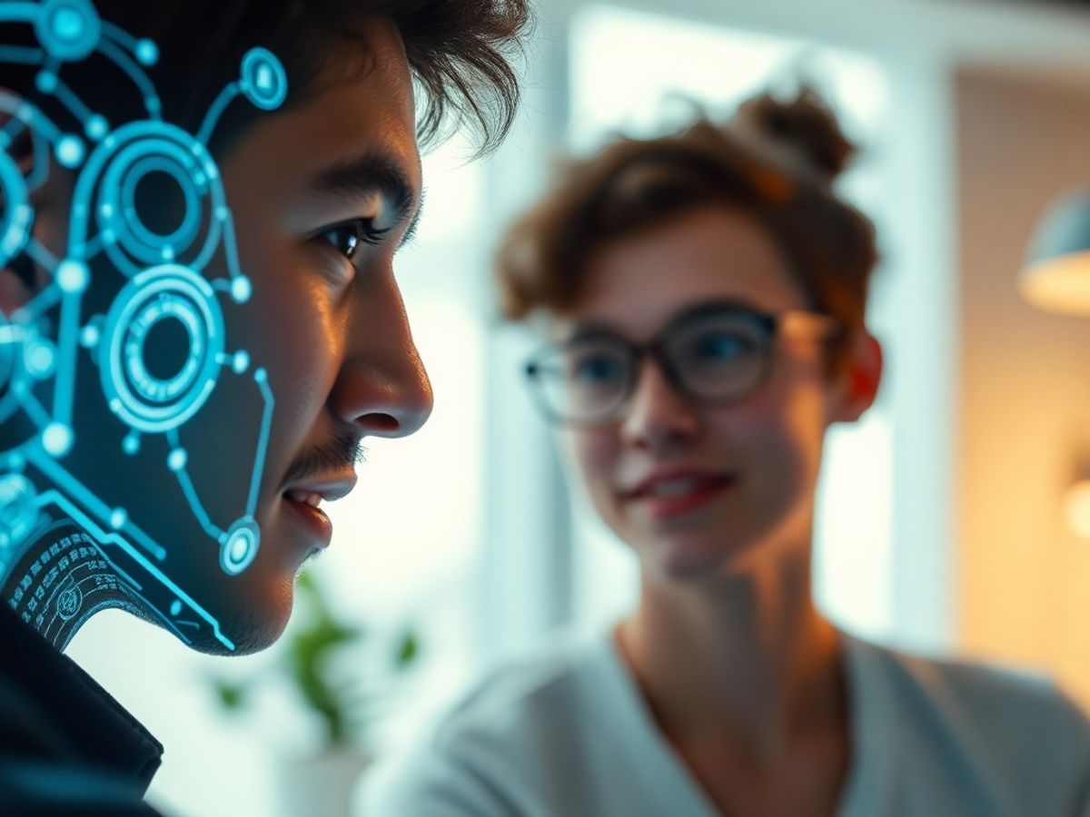 Person interacting with advanced AI technology in a workspace.