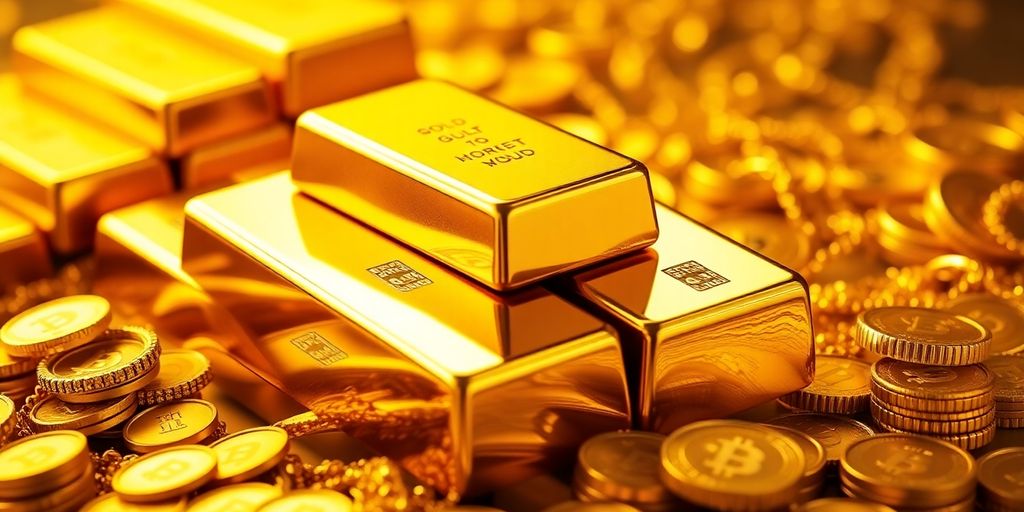 Des barres d'or empilées avec des pièces et des bijoux.