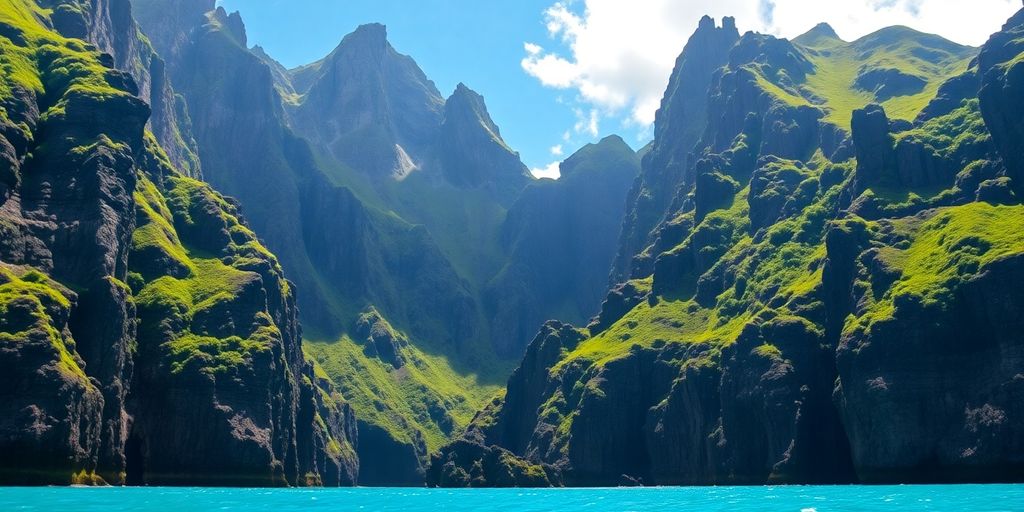 Dramatic volcanic peaks rise from turquoise waters in the Marquesas.