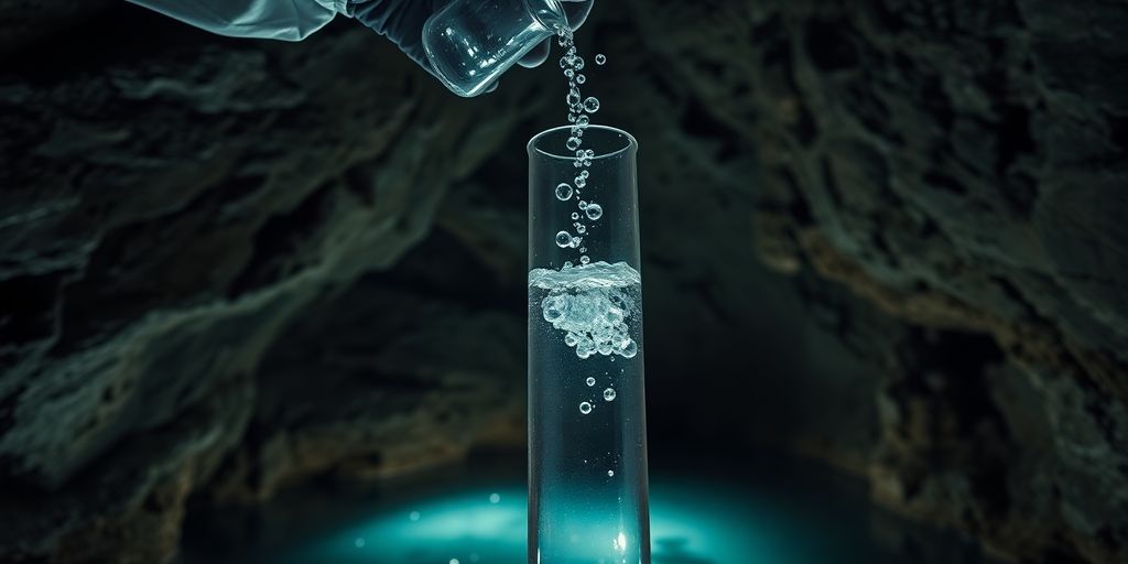 Gloved hands pouring glowing water droplets from flask into cavern.