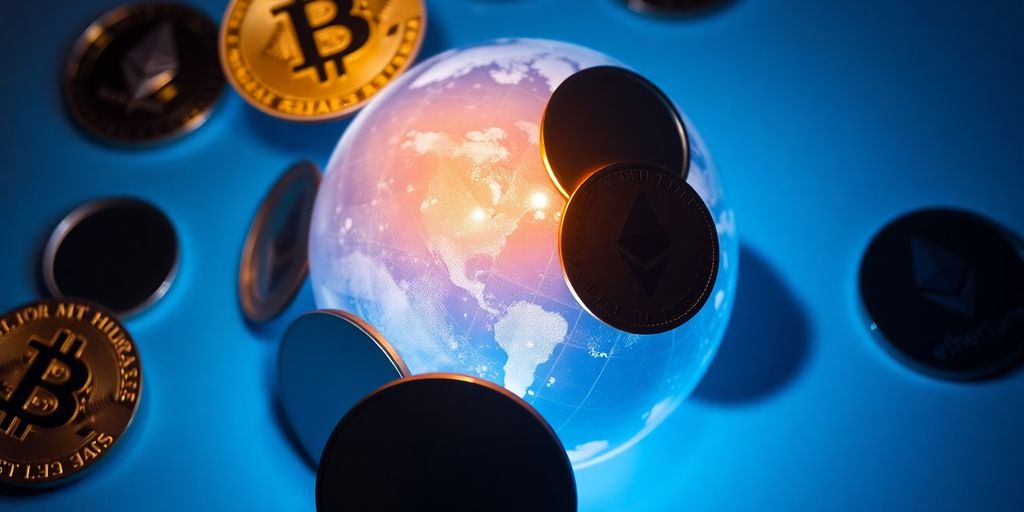 Digital coins spinning around glowing globe.