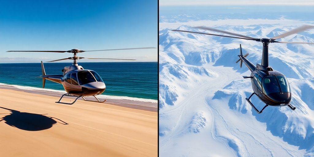 A split image of a helicopter in Texas and Alaska.