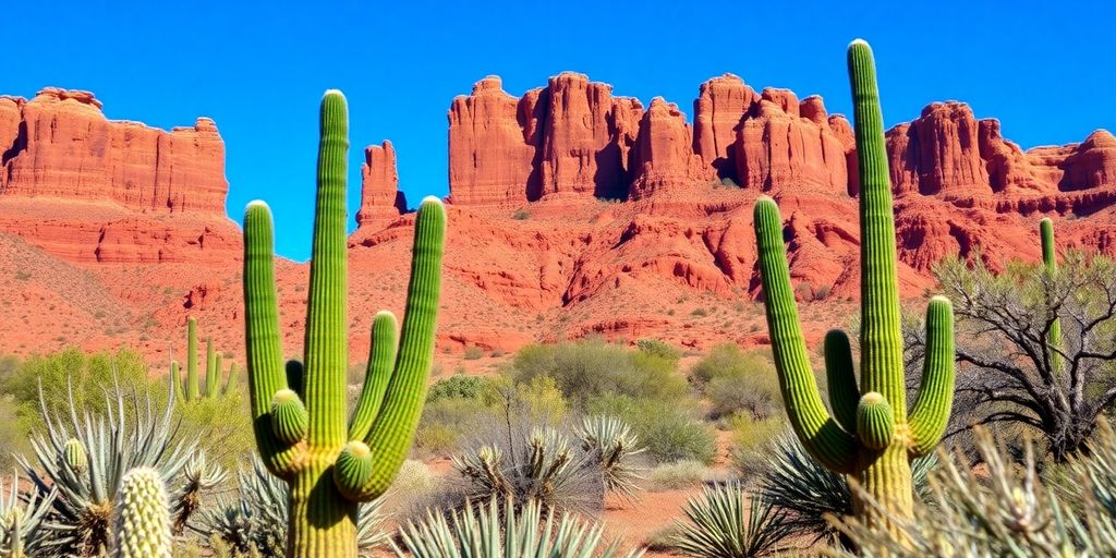 Desert landscape with cacti and red rocks in Arizona.