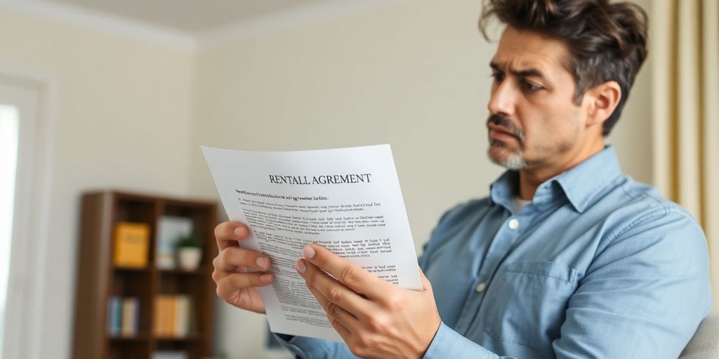 Man reviewing rental contract with worried expression.