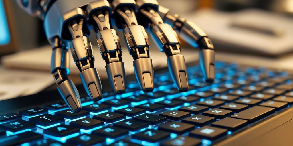 Robotic hand typing on glowing keyboard