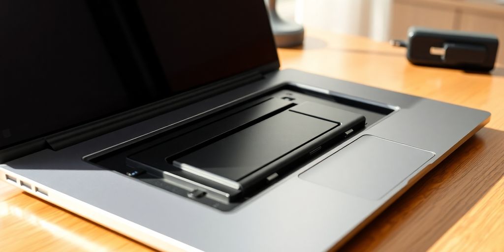 Laptop com compartimento de bateria aberto em mesa de madeira.