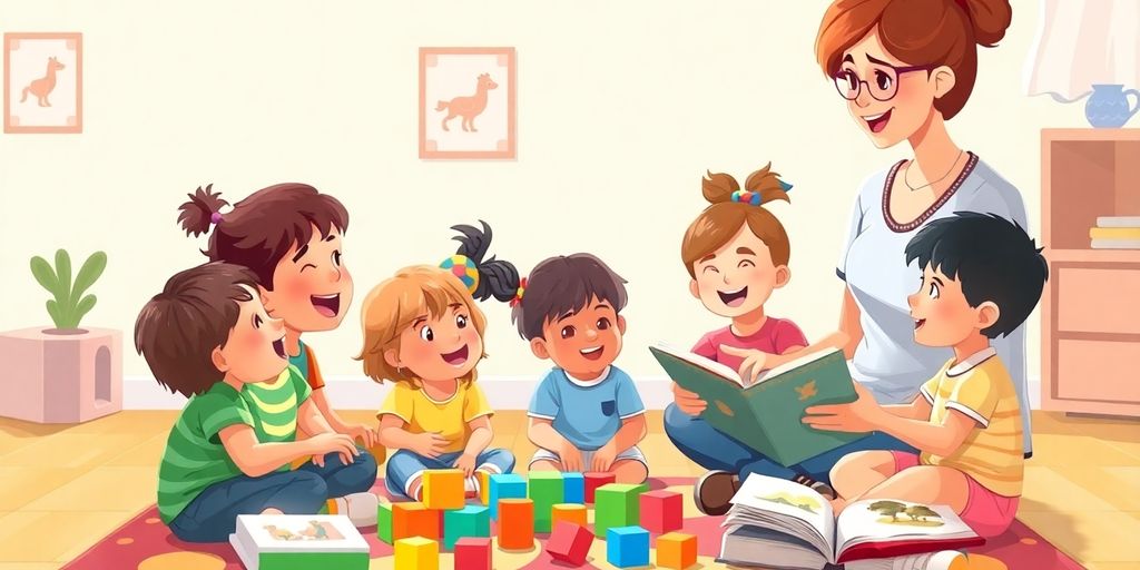 Preschool teacher with diverse young children.