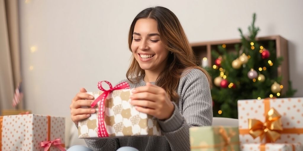 Sister-in-law receiving a beautifully wrapped gift with a smile.