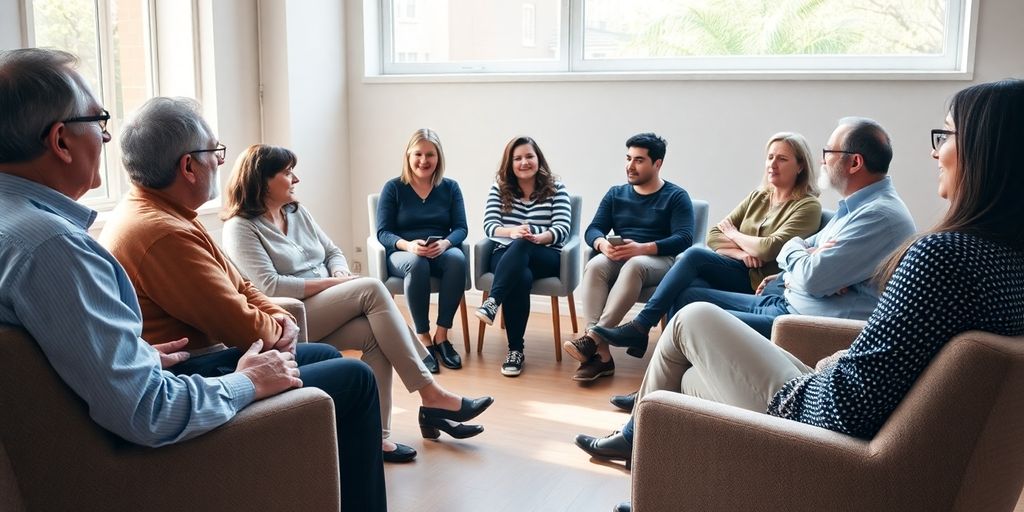 Group therapy session, diverse people, warm lighting.
