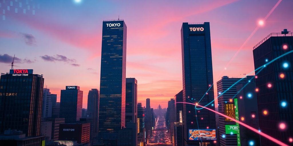 Tokyo skyline with digital marketing overlays