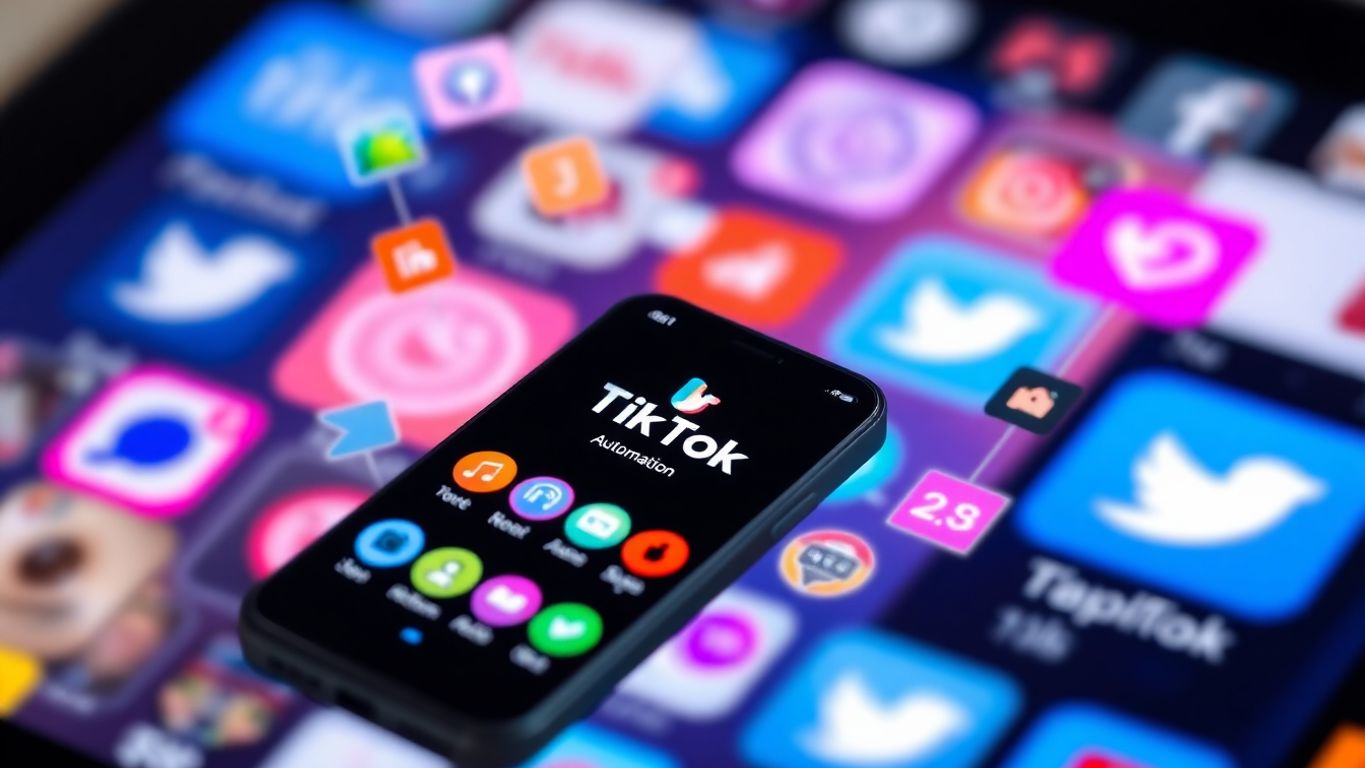 Smartphone displaying TikTok app with automation icons around.