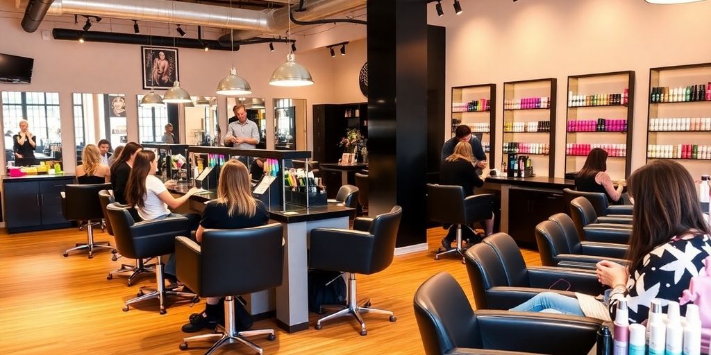 Salon interior with clients receiving hair and nail services.