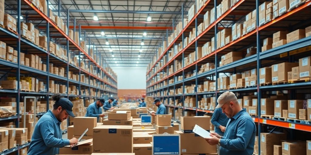Amazon fulfillment center with workers packing orders.