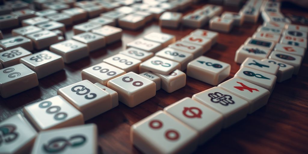 Mahjong game with numbered tiles on a table