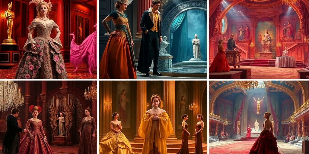 Collage of stunning costumes and set designs from films.