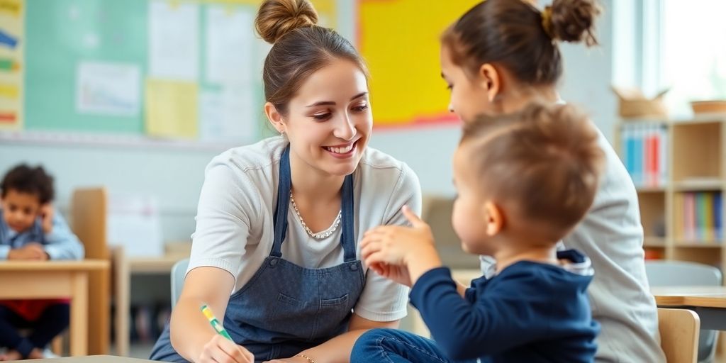 Schulbegleiter hilft einem Kind im Klassenzimmer.
