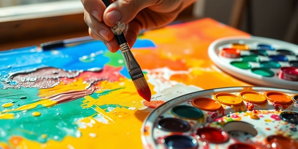 Painter's palette, brushes, colorful paints, unfinished canvas.