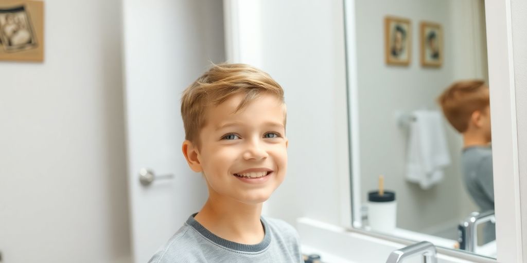 Junge mit frischem Haarschnitt in modernem Badezimmer.