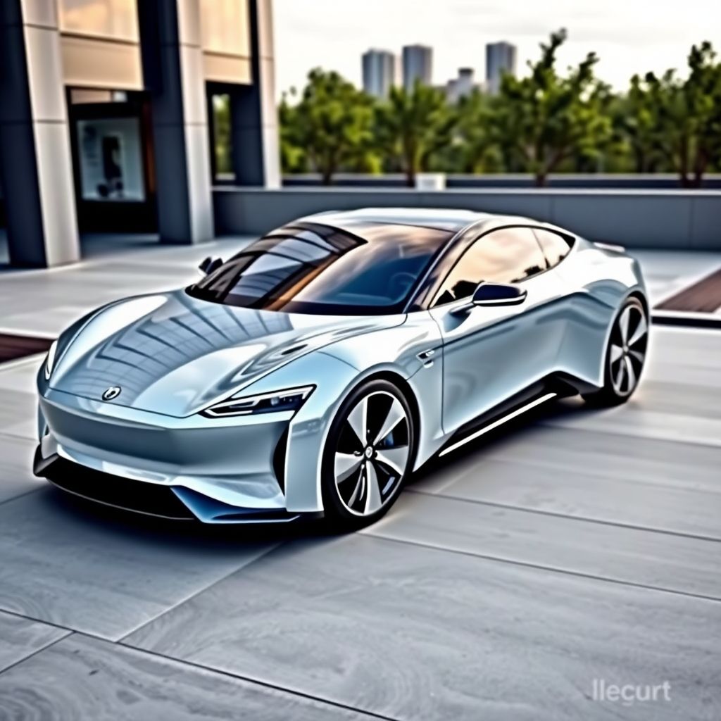 Sleek new electric car in a modern urban environment.