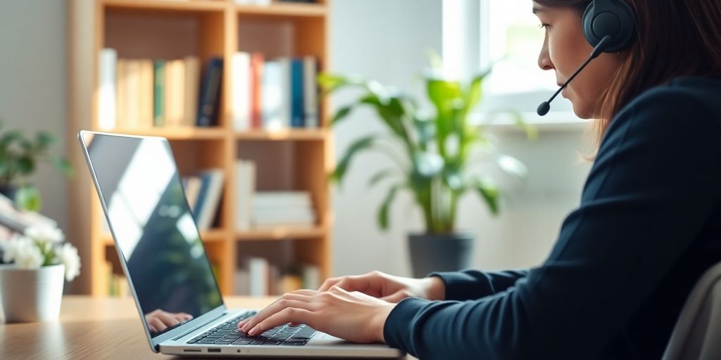 Person typing on computer, headset on head