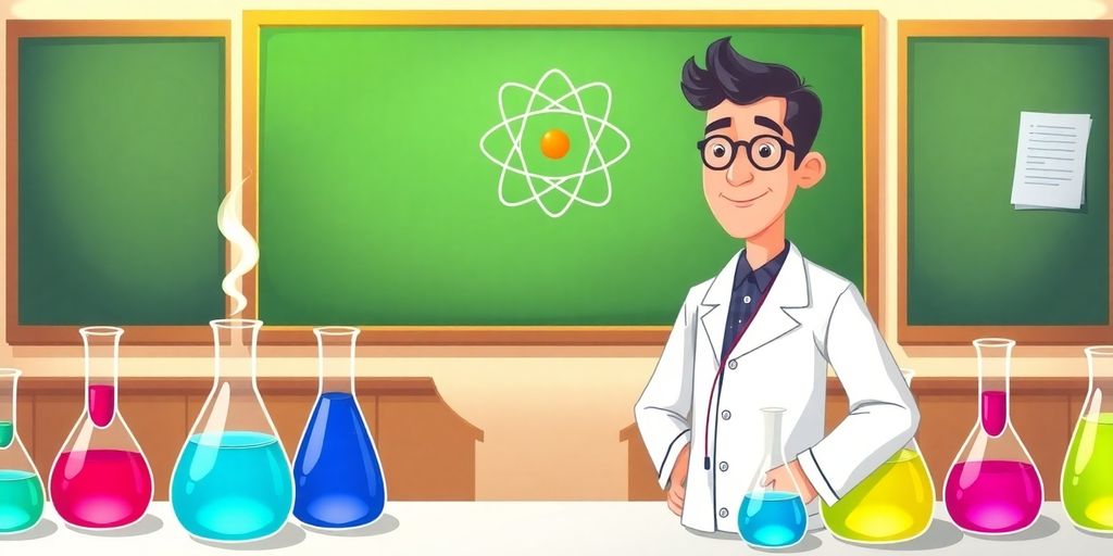 Teacher in lab coat with beakers.