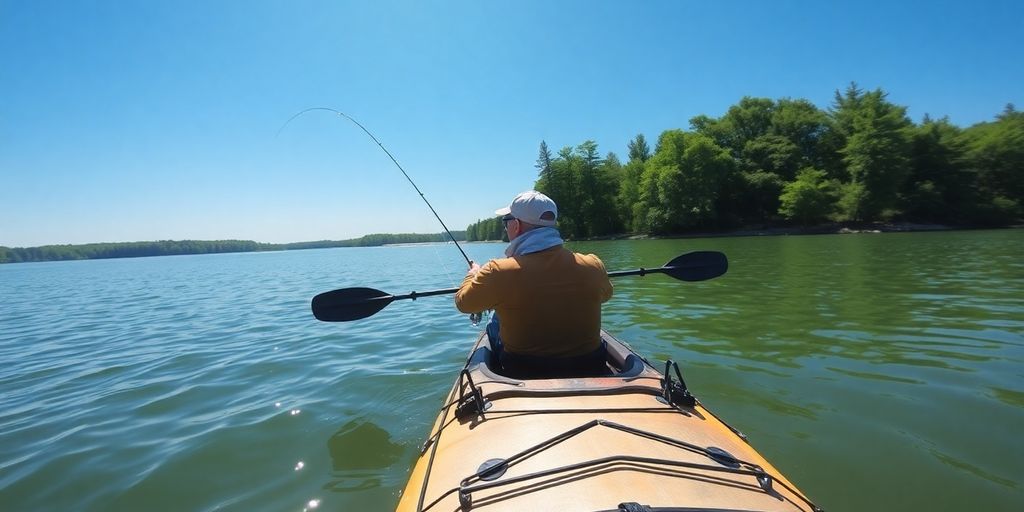 Man fishing from kayak on calm water
