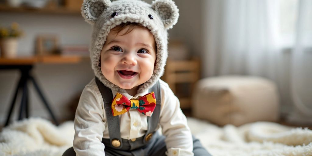 Smiling baby in stylish outfit with bow tie