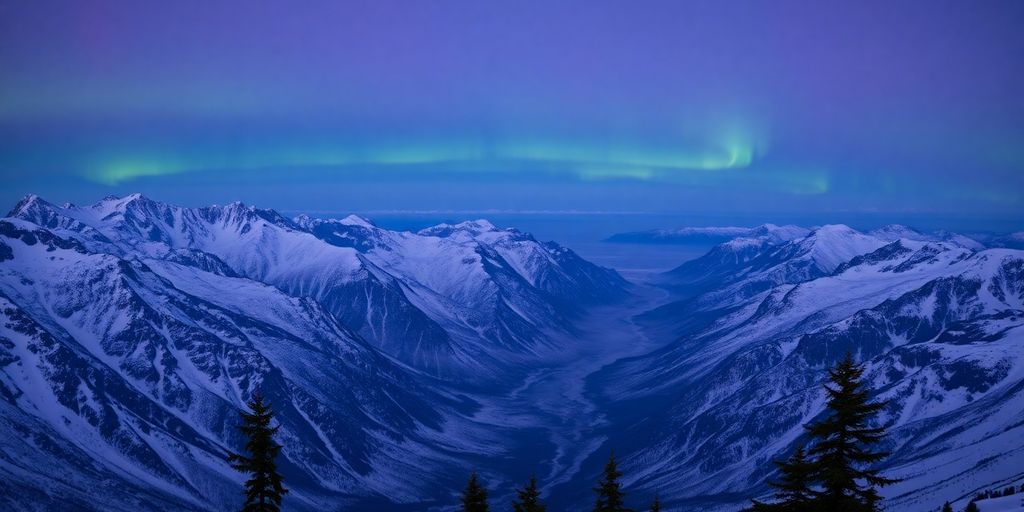 Snowy Alaskan mountain landscape with auroras.