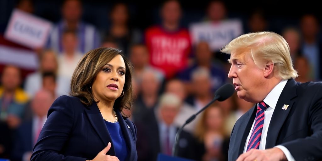 Kamala Harris et Donald Trump débattant dans un cadre animé.