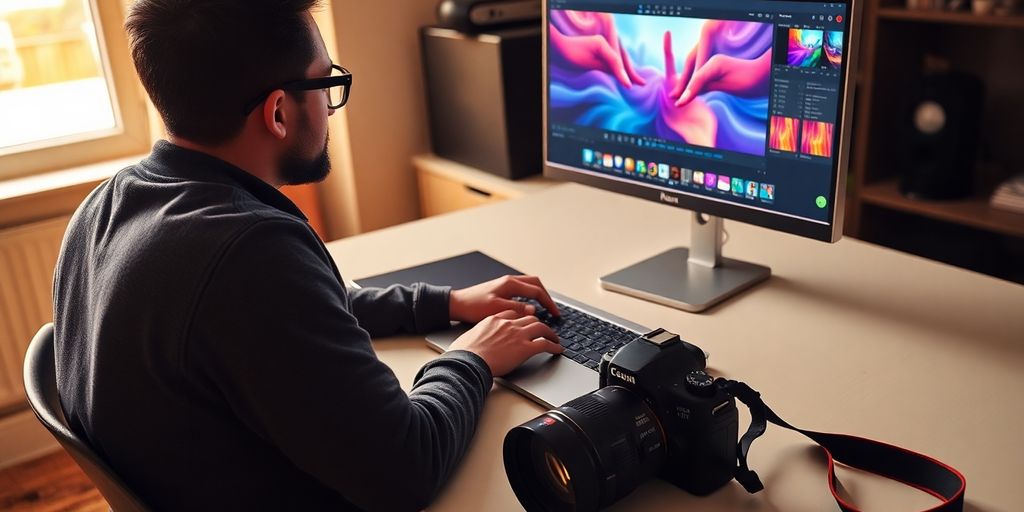 Photographer editing photos on a laptop.