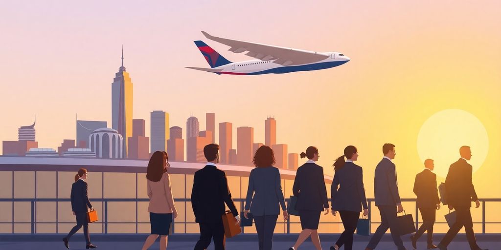 Delta airplane over Atlanta skyline with walking diverse business people