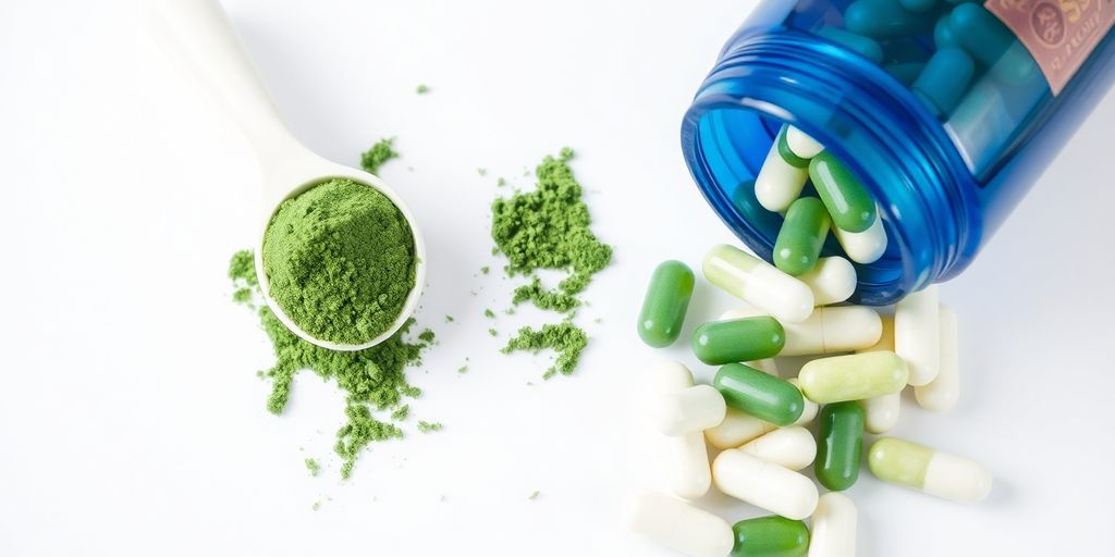Green powder and pills side-by-side.