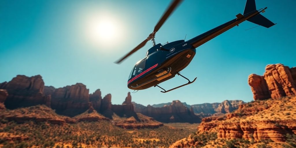 A sleek helicopter flying over the red rocks of Sedona.
